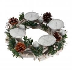 Adventskranz HWC-M12, Adventsgesteck Tischkranz Weihnachtsdeko Tischdeko Holz silber wei  30cm ~ ohne Kerzen