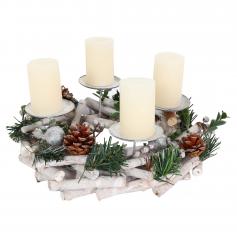 Adventskranz HWC-M12, Adventsgesteck Tischkranz Weihnachtsdeko Tischdeko Holz silber wei  30cm ~ mit Kerzen