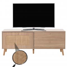 TV-Rack HWC-M38, Lowboard Fernsehtisch TV-Schrank Kommode, Schublade Tre, Kubu Rattan Holz 56x140x41cm Eiche-Optik