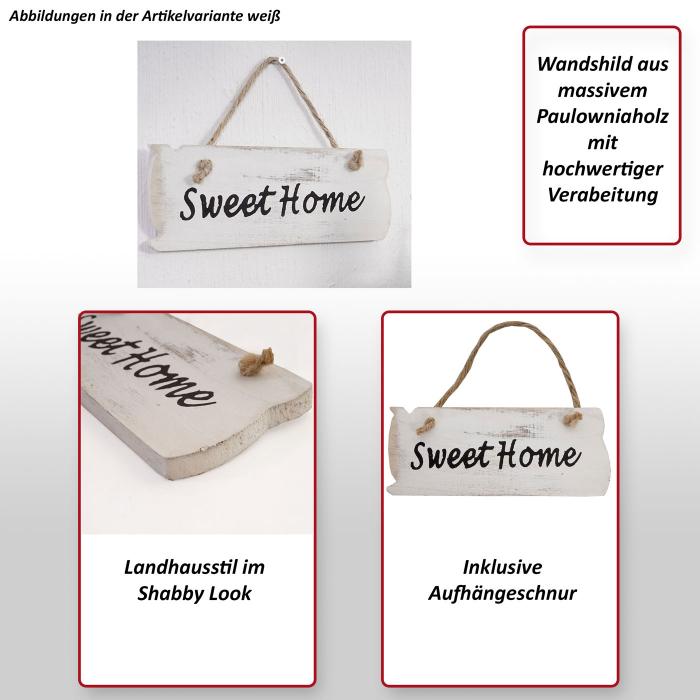 Wandschild Sweet Home, Dekoschild Holzschild, Shabby-Look 10x25x1cm ~ wei