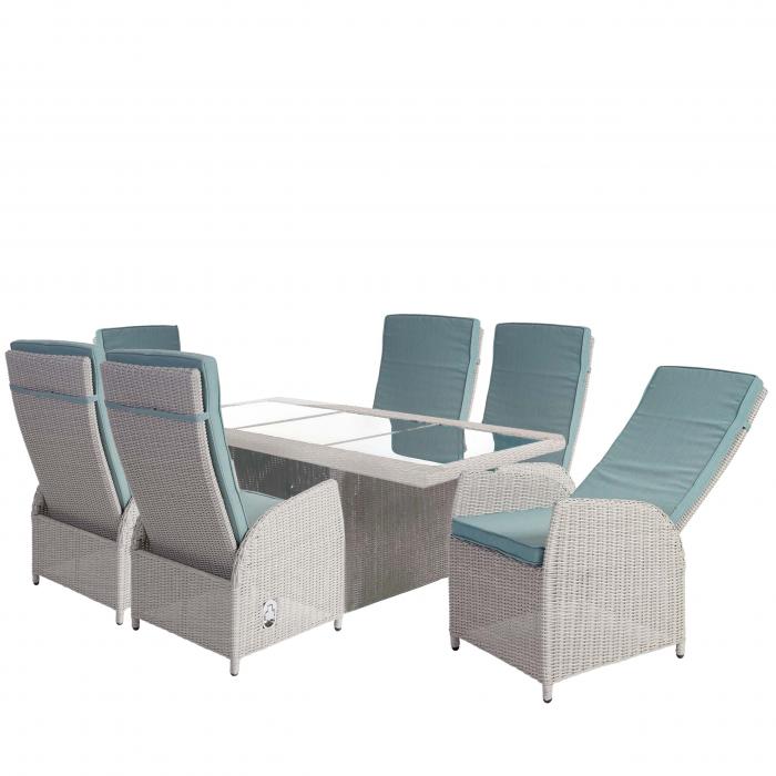 Luxus Poly-Rattan-Garnitur Badalona, Premium Lounge Set Alu-Sitzgruppe Tisch + 6 verstellbare Sthle ~ hellgrau