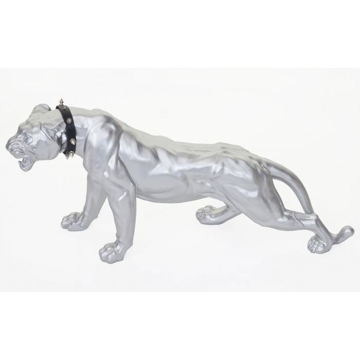 Deko Figur Leopard 59cm, Polyresin Skulptur Panther, In-/Outdoor ~ silber matt mit Halsband