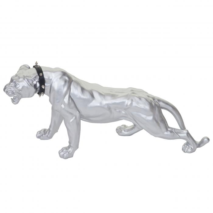 Deko Figur Leopard 59cm, Polyresin Skulptur Panther, In-/Outdoor ~ silber matt mit Halsband