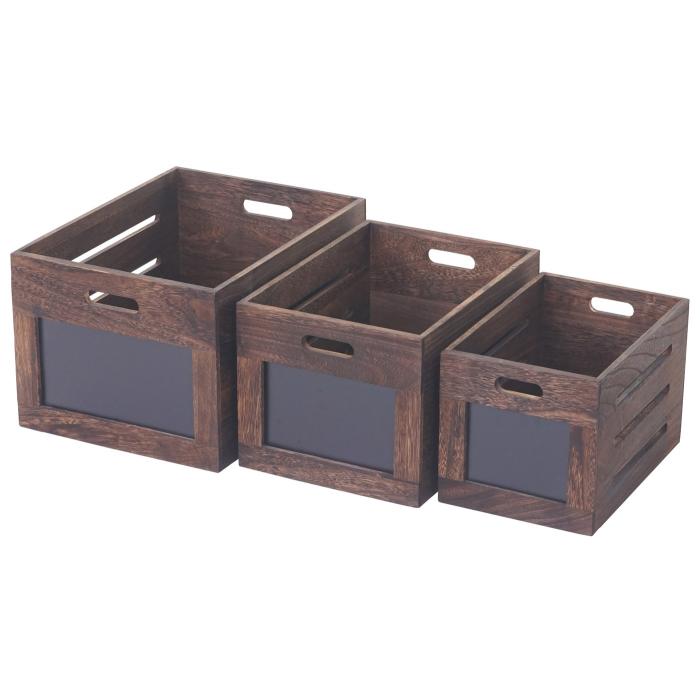 3er Set Holzkiste HWC-E11, Aufbewahrungsbox mit Tafel, Shabby-Look ~ vintage braun