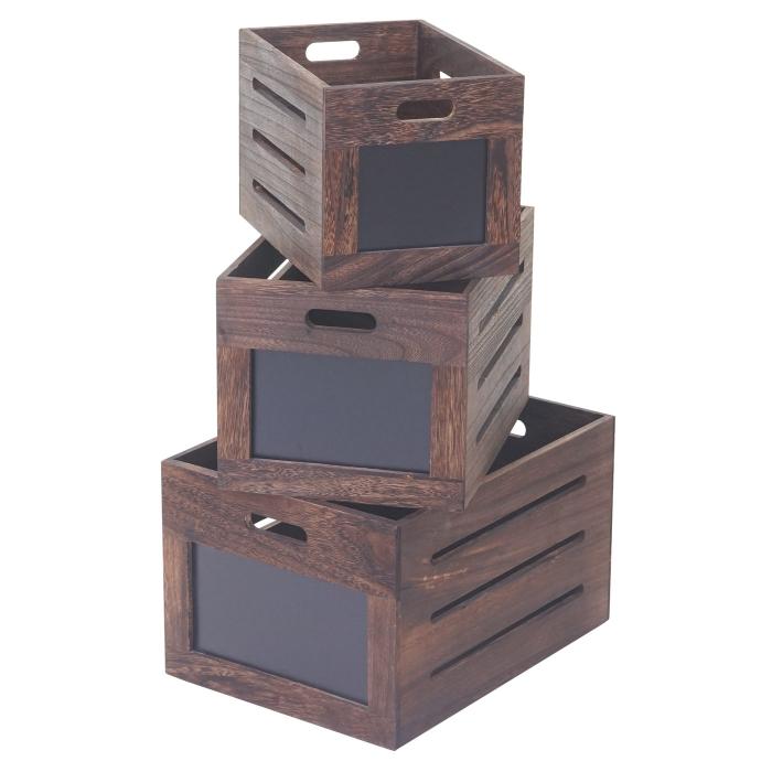 3er Set Holzkiste HWC-E11, Aufbewahrungsbox mit Tafel, Shabby-Look ~ vintage braun