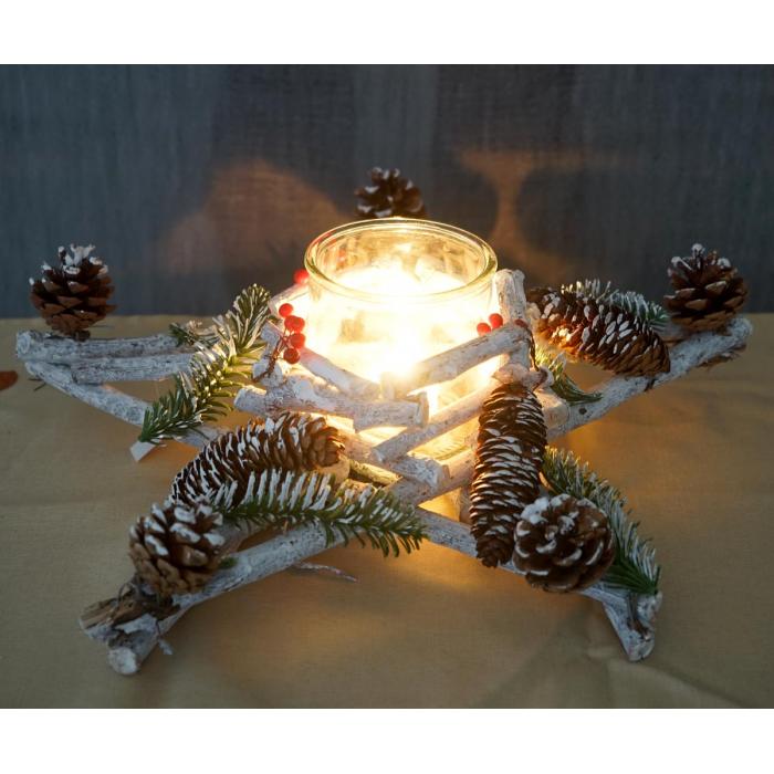 Adventskranz Stern, Weihnachtsdeko Tischdeko, Holz mit Kerzenglas 40x40x12cm wei-grau