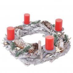 Adventskranz XXL rund, Weihnachtsdeko Tischkranz, Holz  48cm wei-grau ~ mit Kerzen, rot