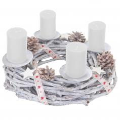 Adventskranz rund, Weihnachtsdeko Tischkranz, Holz  30cm wei-grau ~ mit Kerzen, wei
