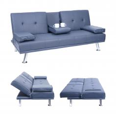 3er-Sofa HWC-F60, Couch Schlafsofa Gstebett, Tassenhalter verstellbar 97x166cm ~ Kunstleder, dunkelblau