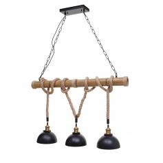 Pendelleuchte HWC-H82, Hngelampe Hngeleuchte, Industrial Vintage Bambus Seil Metall schwarz ~ 3x Kuppellampenschirm