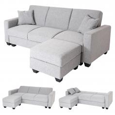 Sofa HWC-H47 mit Ottomane, Couch Sofa Gstebett, Schlaffunktion Stauraum 217x145cm ~ Stoff/Textil hellgrau