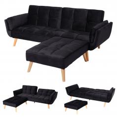 Schlafsofa HWC-K18 mit Ottomane, Couch Sofa Gstebett, Schlaffunktion 218x175cm ~ Samt schwarz