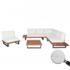 Garten-Garnitur mit Sessel HWC-H54, Lounge-Set Sofa, Spun Poly Akazie Holz MVG Aluminium ~ braun, Polster cremewei