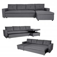 Retourenware | Ecksofa mit Bettkasten HWC-L16, Couch Sofa Liegeflche links/rechts Nosagfederung Stoff 290cm~ dunkelgrau