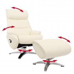Relaxsessel mit Hocker HWC-K98, Fernsehsessel Sessel, Liegefunktion drehbar, Metall Echtleder/Kunstleder ~ creme-wei
