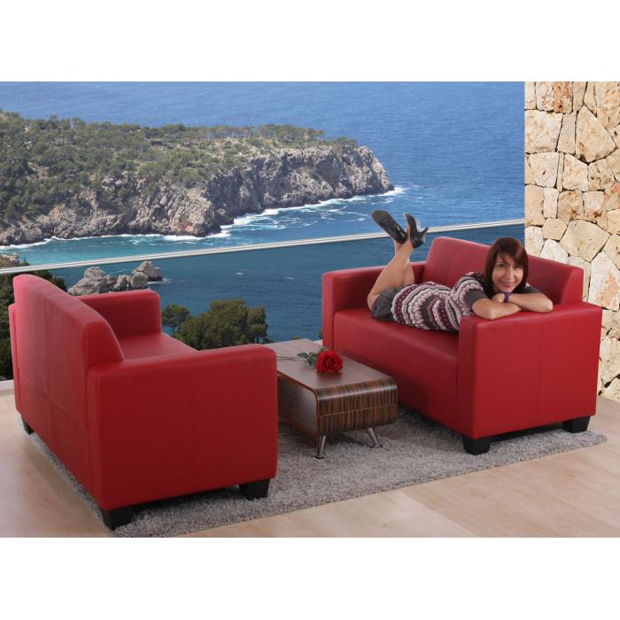 Sofa-Garnitur Couch-Garnitur 2x 2er Sofa Lyon Kunstleder ~ rot