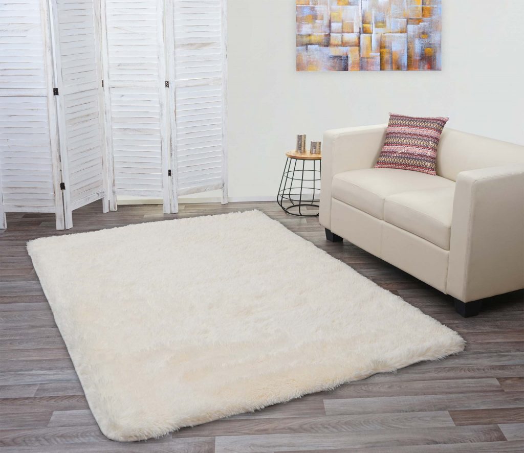 Heller Teppich im Wohnbereich und kleines weißes Sofa