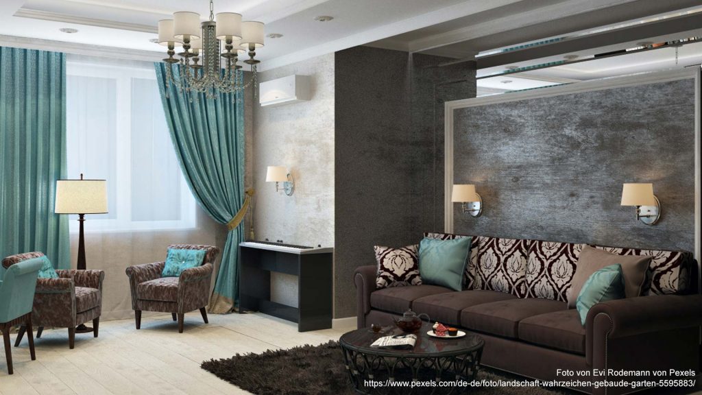 Wohnzimmer in den Farben braun, türkis-grün