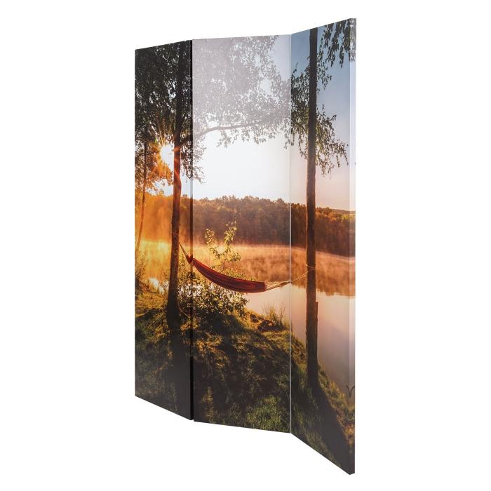 B-Ware (Leinwand lst sich SK3) | Foto-Paravent mit Schallschutz HWC-L55, Raumteiler Sichtschutz MVG ~ 180x122cm Waldsee