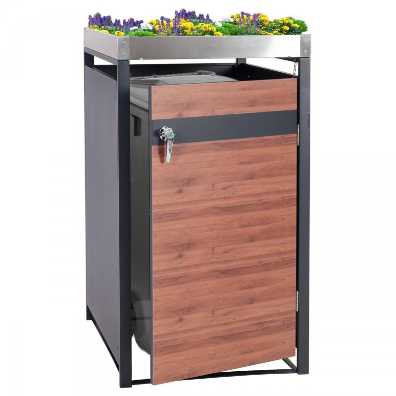 1er Mlltonnenverkleidung mit Pflanzkasten HWC-J82, erweiterbar, Metall 37kg, anthrazit ~ Kirsche-Holzoptik dunkelbraun