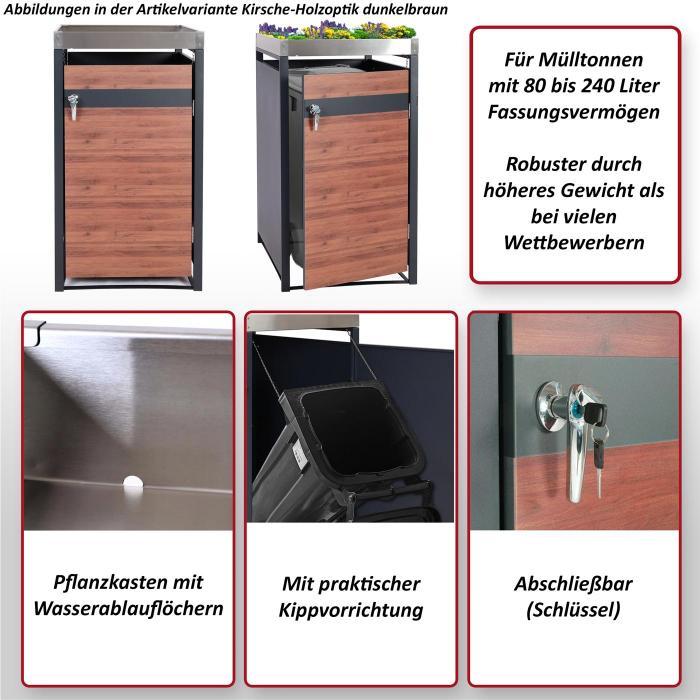 1er Mlltonnenverkleidung mit Pflanzkasten HWC-J82, erweiterbar, Metall 37kg, anthrazit ~ Kirsche-Holzoptik dunkelbraun