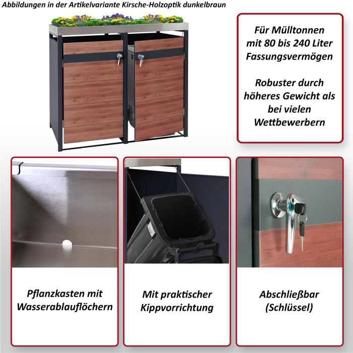 2er Mlltonnenverkleidung mit Pflanzkasten HWC-J82, erweiterbar, Metall 59kg, anthrazit ~ Kirsche-Holzoptik dunkelbraun