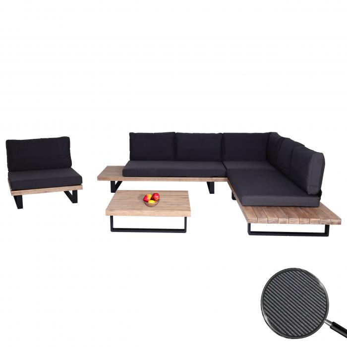 Garten-Garnitur mit Sessel HWC-H54, Lounge-Set Sofa, Spun Poly Akazie Holz MVG Aluminium ~ hellbraun, Polster dunkelgrau