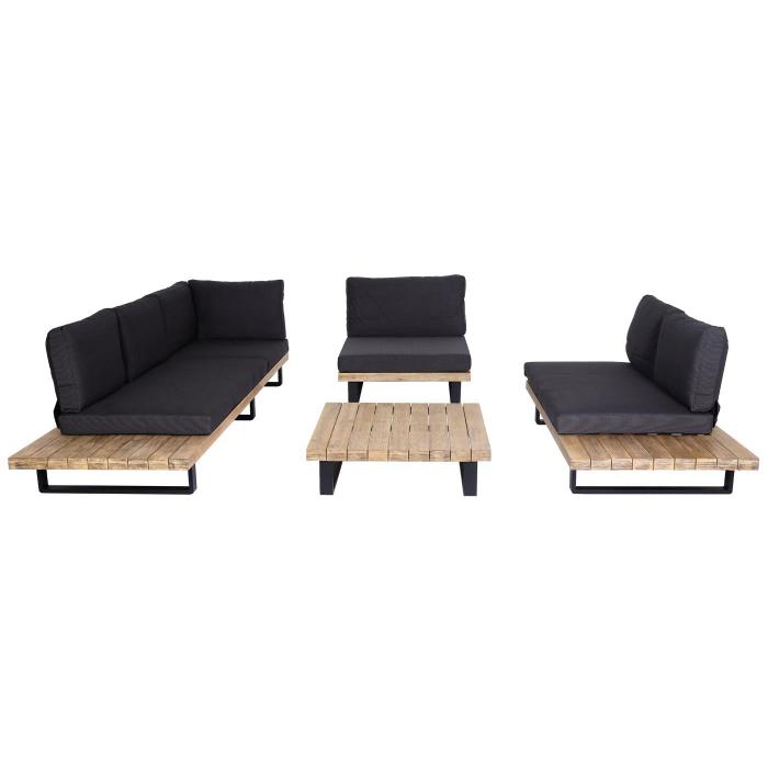 Garten-Garnitur mit Sessel HWC-H54, Lounge-Set Sofa, Spun Poly Akazie Holz MVG Aluminium ~ hellbraun, Polster dunkelgrau