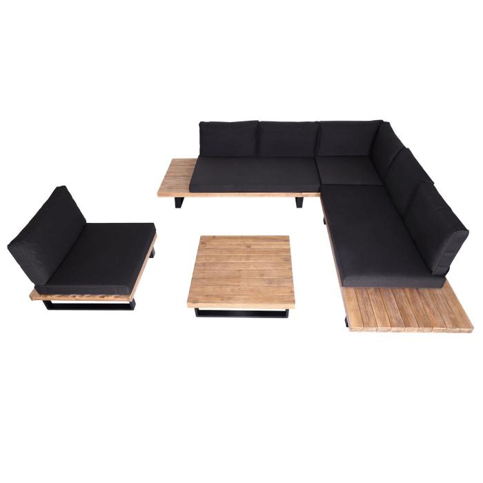 Garten-Garnitur mit Sessel HWC-H54, Lounge-Set Sofa, Spun Poly Akazie Holz MVG Aluminium ~ hellbraun, Polster dunkelgrau