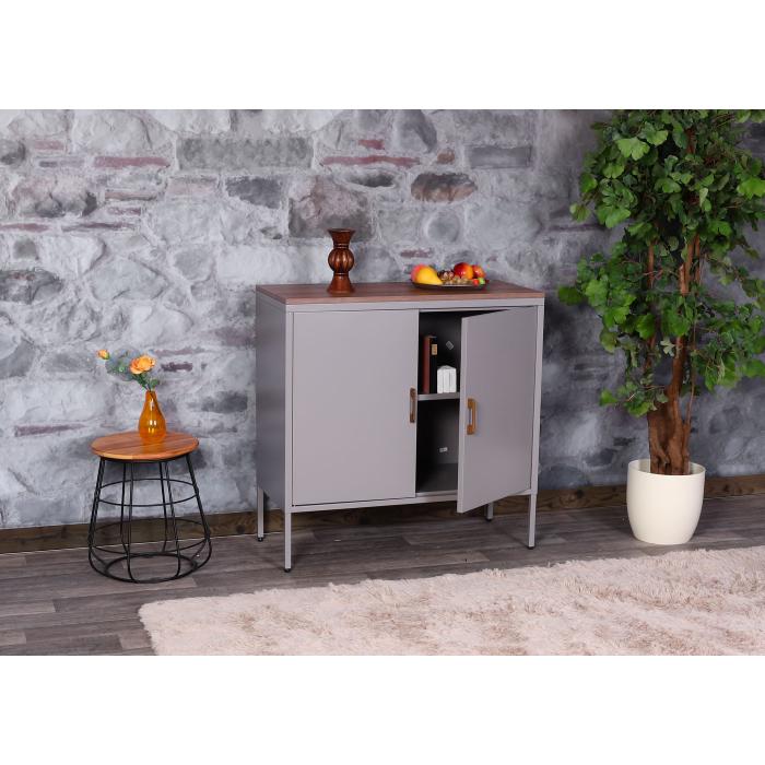 Kommode HWC-L84, Sideboard Schrank Anrichte, 2 Tren Metall 90x90x40cm, Melamin beschichtet ~ grau