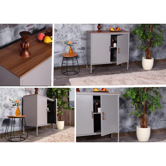 Kommode HWC-L84, Sideboard Schrank Anrichte, 2 Tren Metall 90x90x40cm, Melamin beschichtet ~ grau