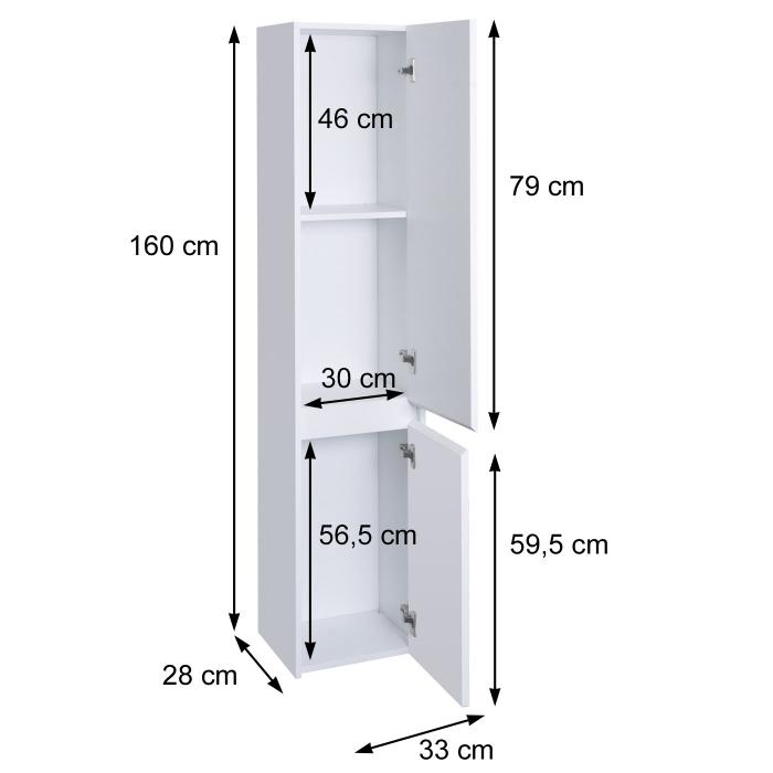 Hngeschrank HWC-L86, Badschrank Highboard Hochschrank, MVG Melamin 2 Tren 3 Fcher 160x33cm ~ wei