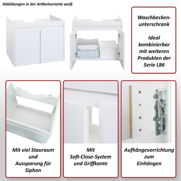 Waschbeckenunterschrank HWC-L86, Badezimmer Waschtisch Unterschrank, MVG Melamin 2 Tren 48x59x46cm ~ wei