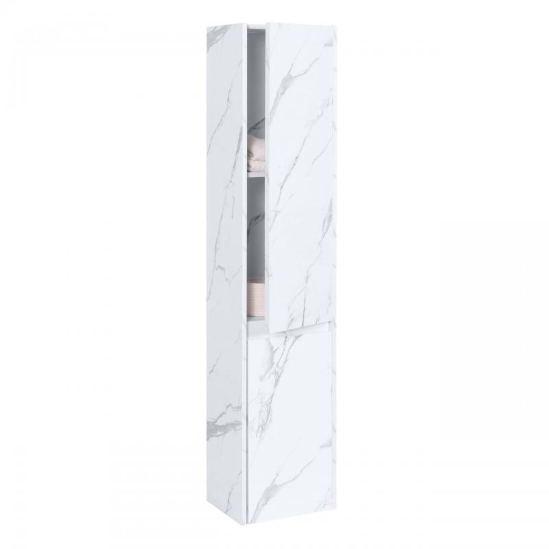 Hngeschrank HWC-L86, Badschrank Highboard Hochschrank, MVG Melamin 2 Tren 3 Fcher 160x33cm ~ Marmor-Optik wei