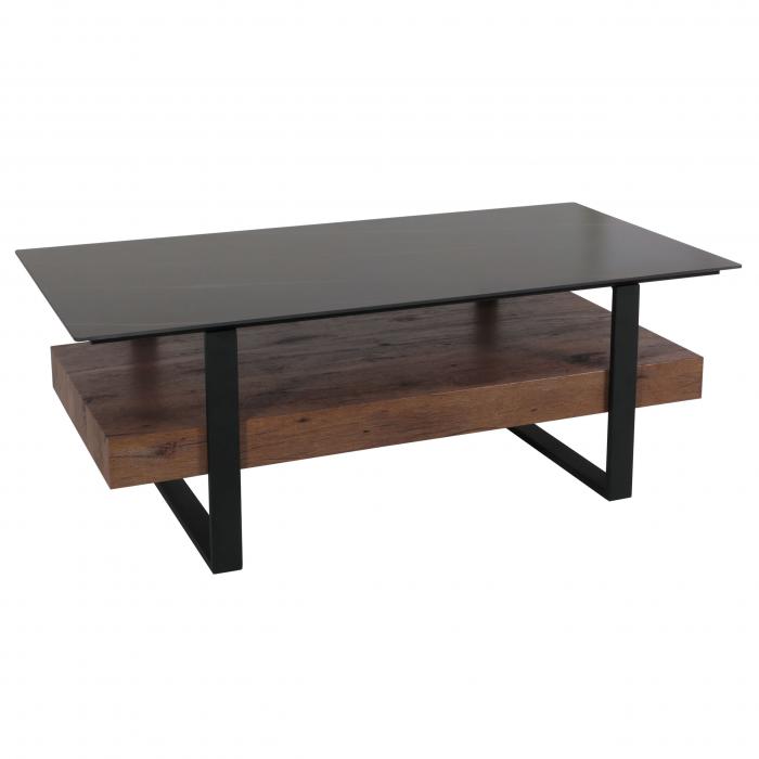 Couchtisch HWC-L88, Wohnzimmertisch Tisch, Ablage Eisen 43x120x60cm Sinterstein Marmor-Optik schwarz Holz dunkelbraun