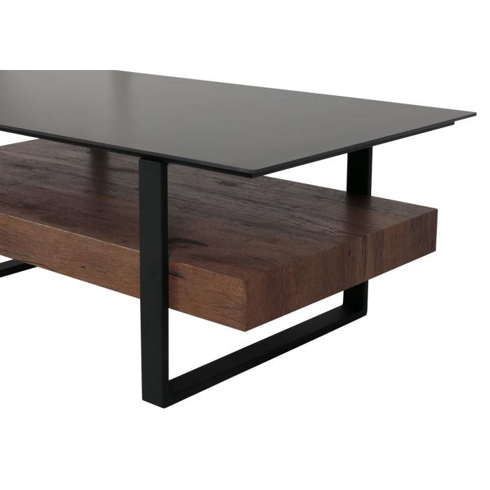 Couchtisch HWC-L88, Wohnzimmertisch Tisch, Ablage Eisen 43x120x60cm Sinterstein Marmor-Optik schwarz Holz dunkelbraun