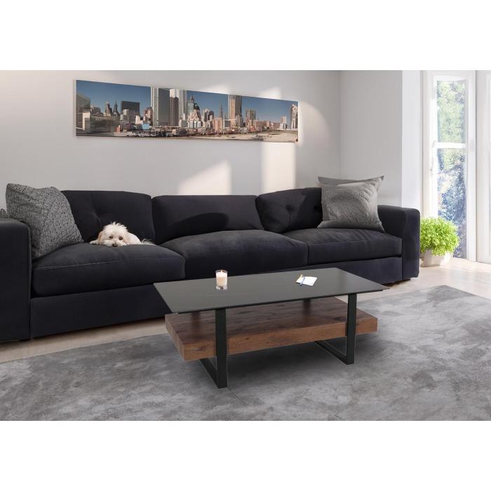 Couchtisch HWC-L88, Wohnzimmertisch Tisch, Ablage Eisen 43x120x60cm Sinterstein Marmor-Optik schwarz Holz dunkelbraun