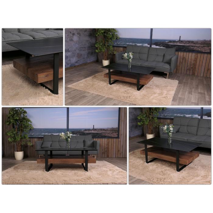 Couchtisch HWC-L88, Wohnzimmertisch Tisch, Ablage Eisen 43x120x60cm Sinterstein Marmor-Optik schwarz Holz dunkelbraun