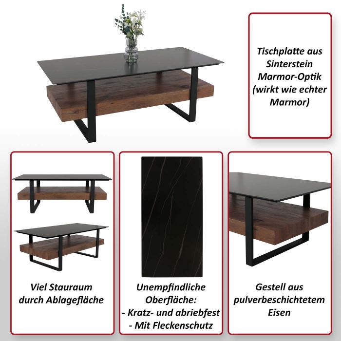 Couchtisch HWC-L88, Wohnzimmertisch Tisch, Ablage Eisen 43x120x60cm Sinterstein Marmor-Optik schwarz Holz dunkelbraun