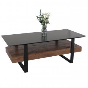 Couchtisch HWC-L88, Wohnzimmertisch Tisch, Ablage Eisen 43x120x60cm Sinterstein Marmor-Optik schwarz Holz dunkelbraun