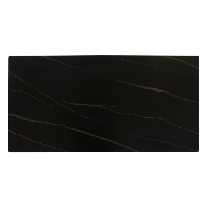 Couchtisch HWC-L88, Wohnzimmertisch Tisch, Ablage Eisen 43x120x60cm Sinterstein Marmor-Optik schwarz Holz dunkelbraun