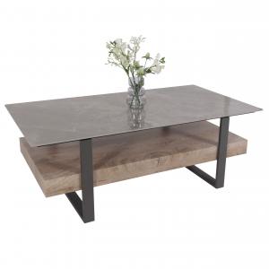 Couchtisch HWC-L88, Wohnzimmertisch Tisch, Ablage Eisen 43x120x60cm Sinterstein Marmor-Optik grau Holz grau-braun