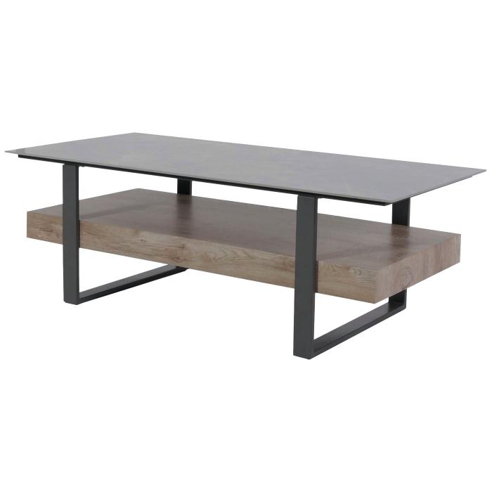 Couchtisch HWC-L88, Wohnzimmertisch Tisch, Ablage Eisen 43x120x60cm Sinterstein Marmor-Optik grau Holz grau-braun