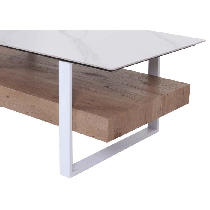 Couchtisch HWC-L88, Wohnzimmertisch Tisch, Ablage Eisen 43x120x60cm Sinterstein Marmor-Optik wei Holz natur
