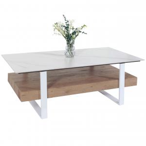 Couchtisch HWC-L88, Wohnzimmertisch Tisch, Ablage Eisen 43x120x60cm Sinterstein Marmor-Optik wei Holz natur