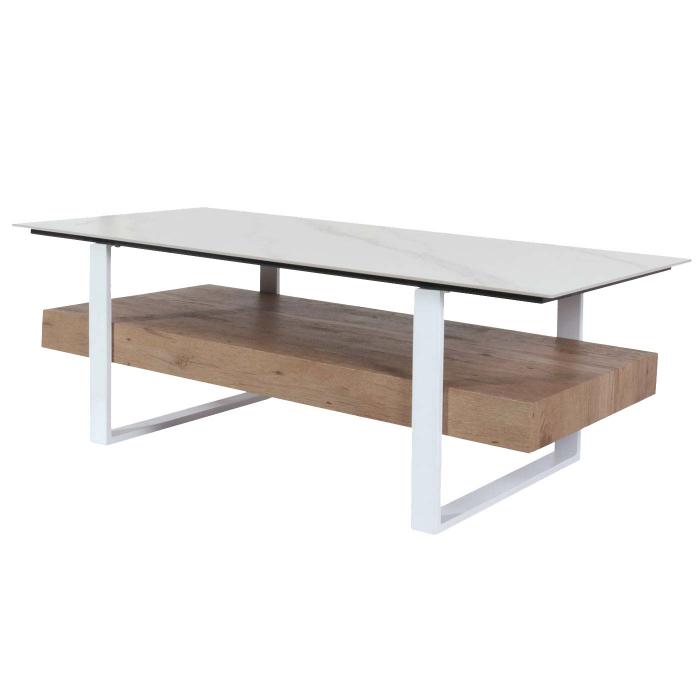 Couchtisch HWC-L88, Wohnzimmertisch Tisch, Ablage Eisen 43x120x60cm Sinterstein Marmor-Optik wei Holz natur