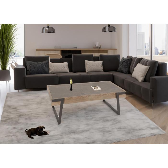 Couchtisch HWC-L89, Sofatisch Wohnzimmertisch, Eisen 43x120x64cm Sinterstein Marmor-Optik grau Holz grau-braun