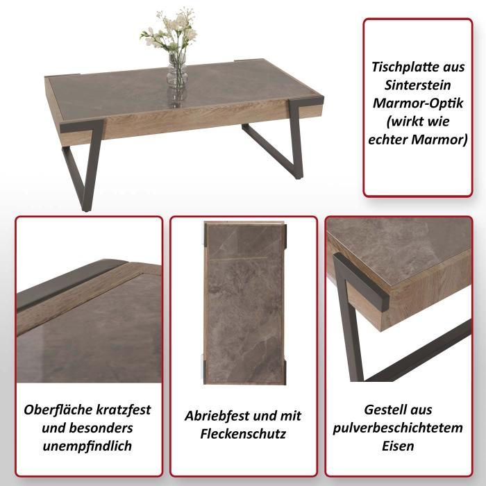 Couchtisch HWC-L89, Sofatisch Wohnzimmertisch, Eisen 43x120x64cm Sinterstein Marmor-Optik grau Holz grau-braun