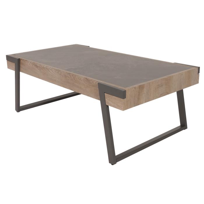 Couchtisch HWC-L89, Sofatisch Wohnzimmertisch, Eisen 43x120x64cm Sinterstein Marmor-Optik grau Holz grau-braun