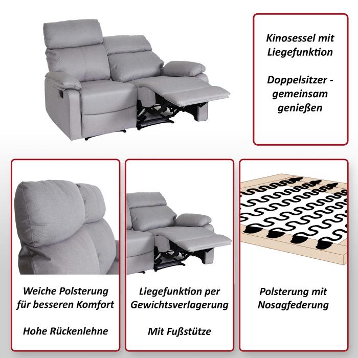2er Kinosessel HWC-L93, Relaxsessel Fernsehsessel Sofa, Armlehne Liegefunktion Nosagfederung Stoff/Textil ~ hellgrau